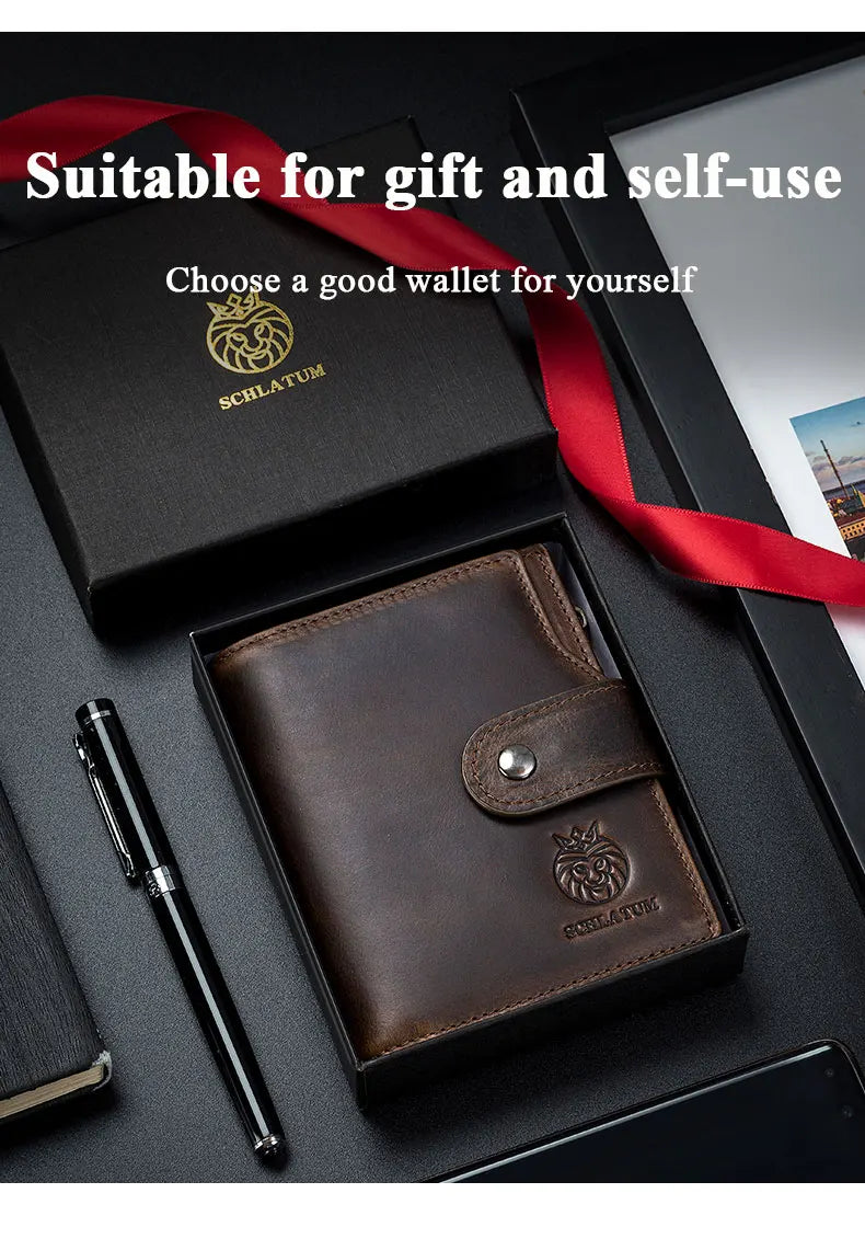 A brown genuine leather wallet with a red ribbon is shown open, featuring a coin pocket and an embossed logo.
