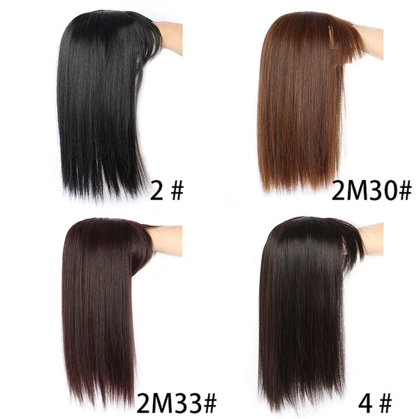 Four different shades of straight hair toppers shown in various lengths and styles