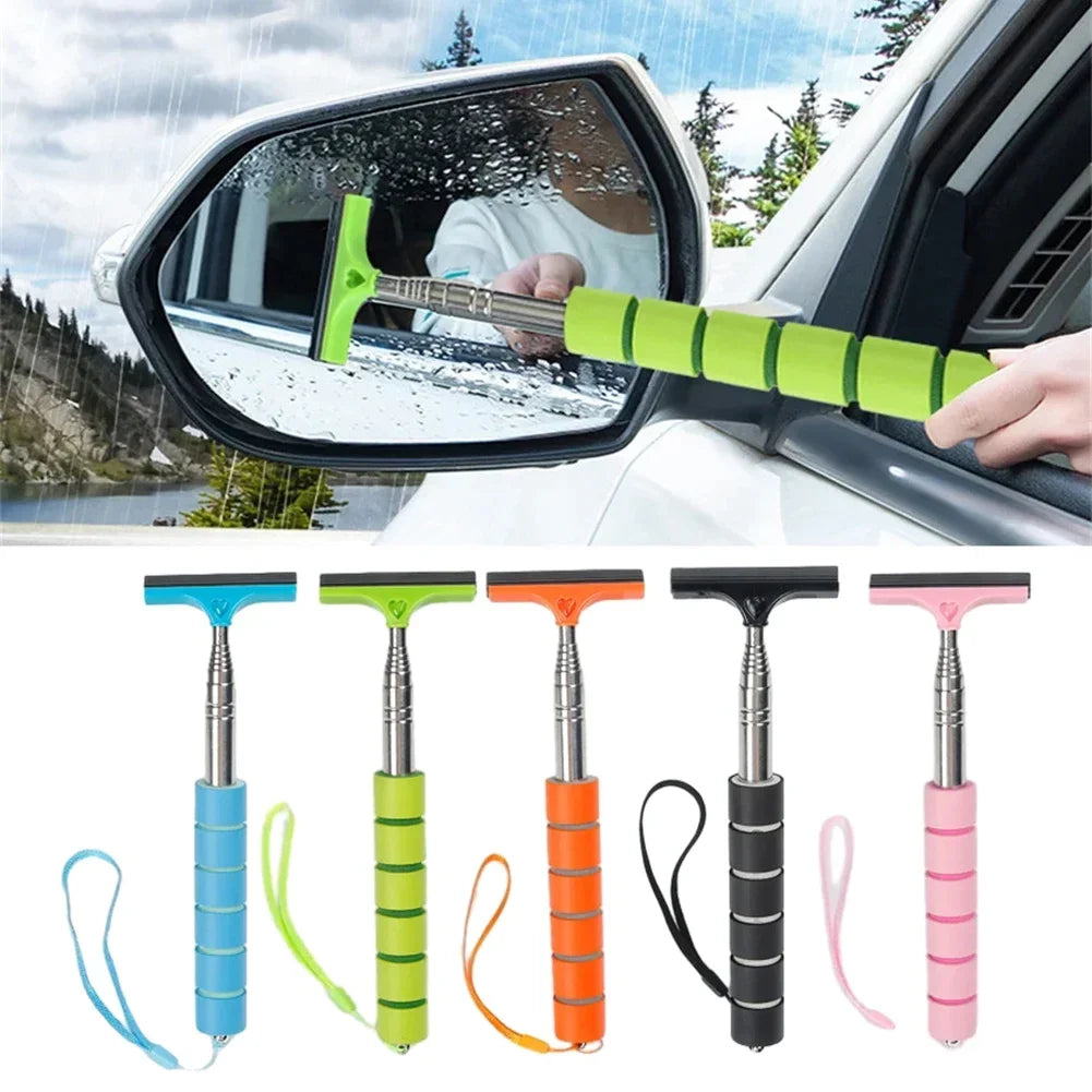 A collection of various telescopic window cleaning squeegees with adjustable handles in different colors like blue, green, or