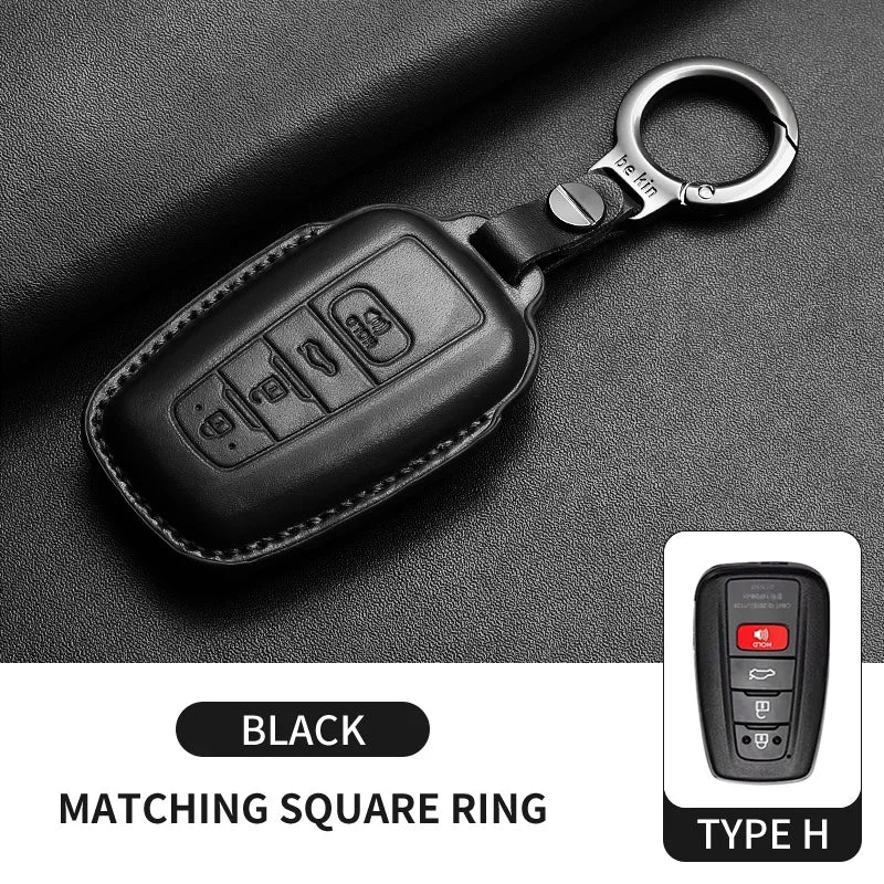 Black genuine leather car key case cover with a matching square ring and Type H key fob