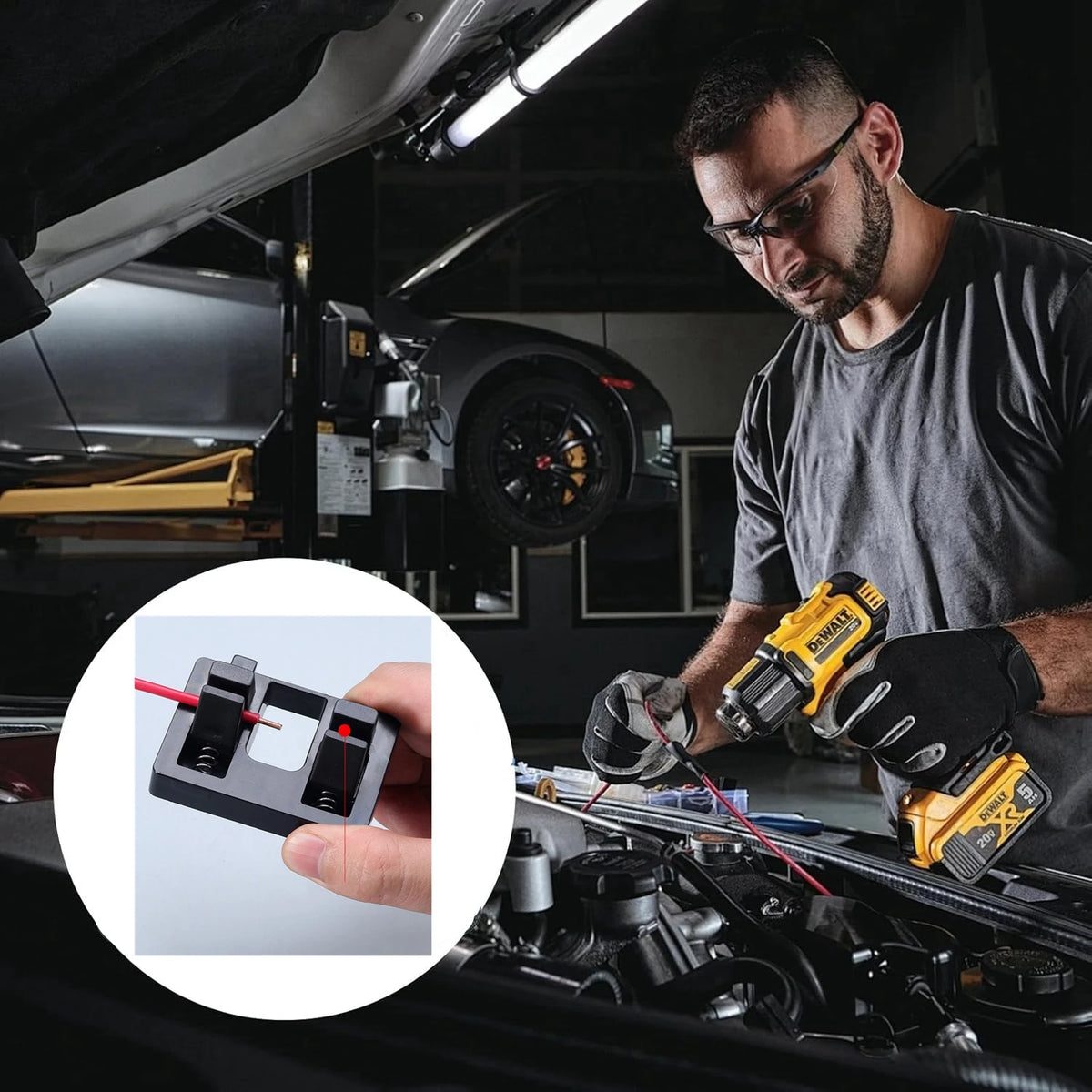 Mechaniker benutzt eine justierbare Schweißdrahtvorrichtung und eine Saugbefestigung an einem Auto-Motor.