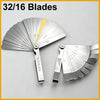 A set of 32/16 blades for a stainless steel feeler gauge, showing various thickness measurements.