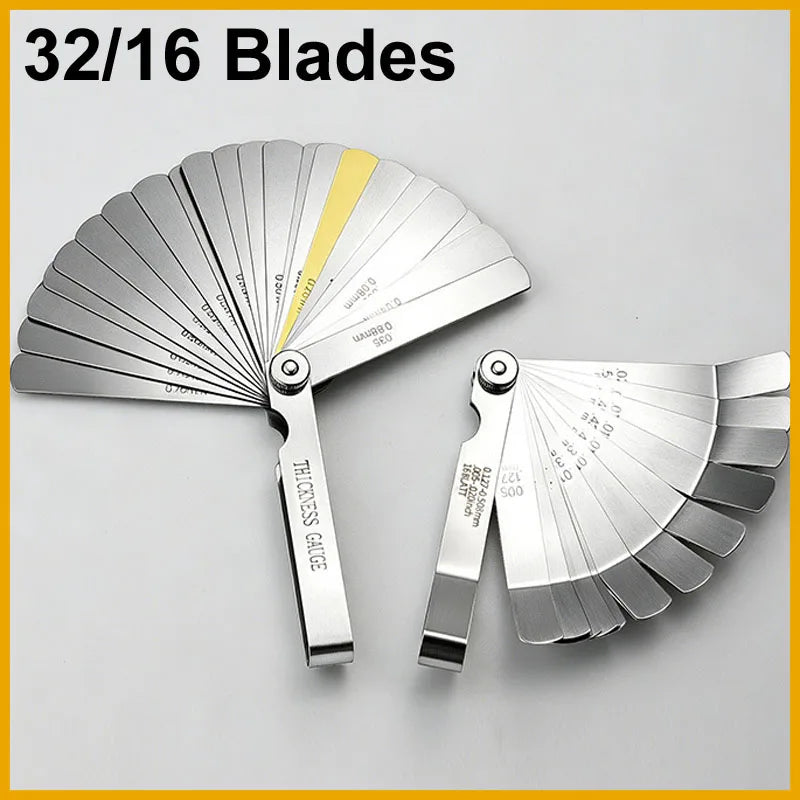 A set of 32/16 blades for a stainless steel feeler gauge, showing various thickness measurements.