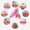 A pink hot melt glue gun with various craft supplies and projects shown around it.