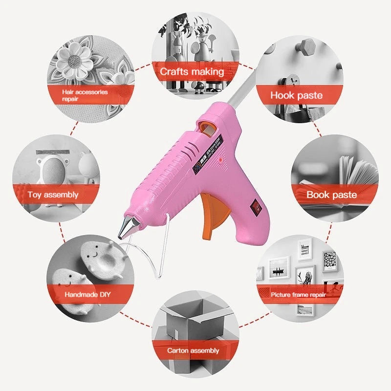 A pink hot melt glue gun with various craft supplies and projects shown around it.