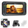 A black waterproof shower phone holder with a clear anti-fog cover and multiple mounting options.