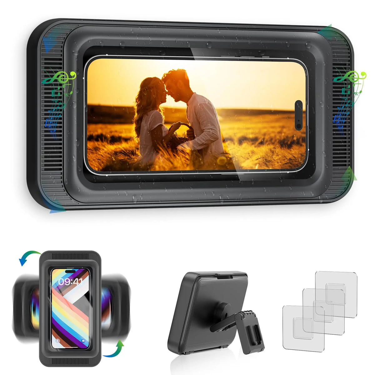 A black waterproof shower phone holder with a clear anti-fog cover and multiple mounting options.