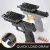 A black pistol with a quick load draw magnetic holster holder and mount shown next to its disassembled components.