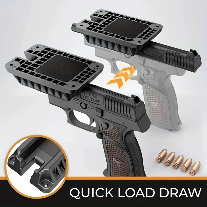 A black pistol with a quick load draw magnetic holster holder and mount shown next to its disassembled components.