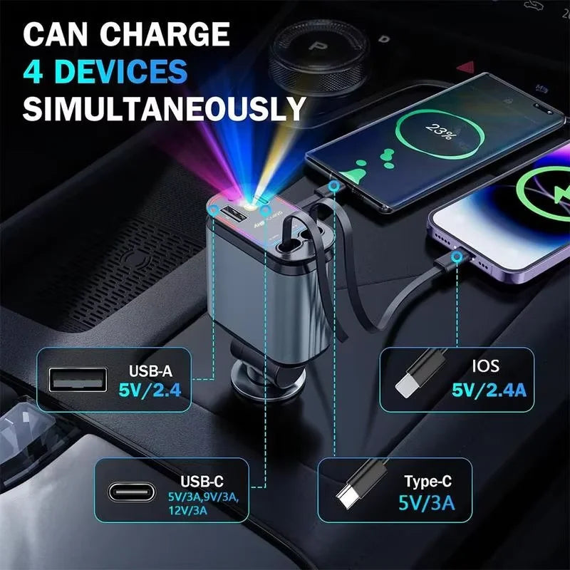 Retractable Car Charger with Starry Sky Spotlight – 4-in-1 Fast Charging