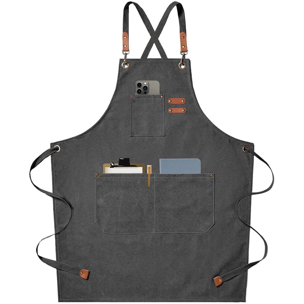 A dark gray cotton canvas apron with black cross-back straps and multiple pockets.