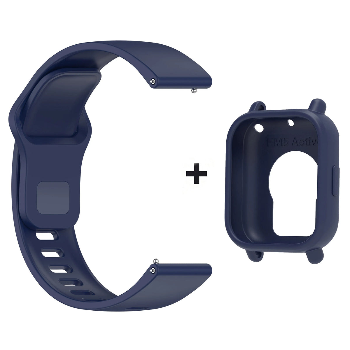A dark blue silicone watch band and protective case for a smartwatch.