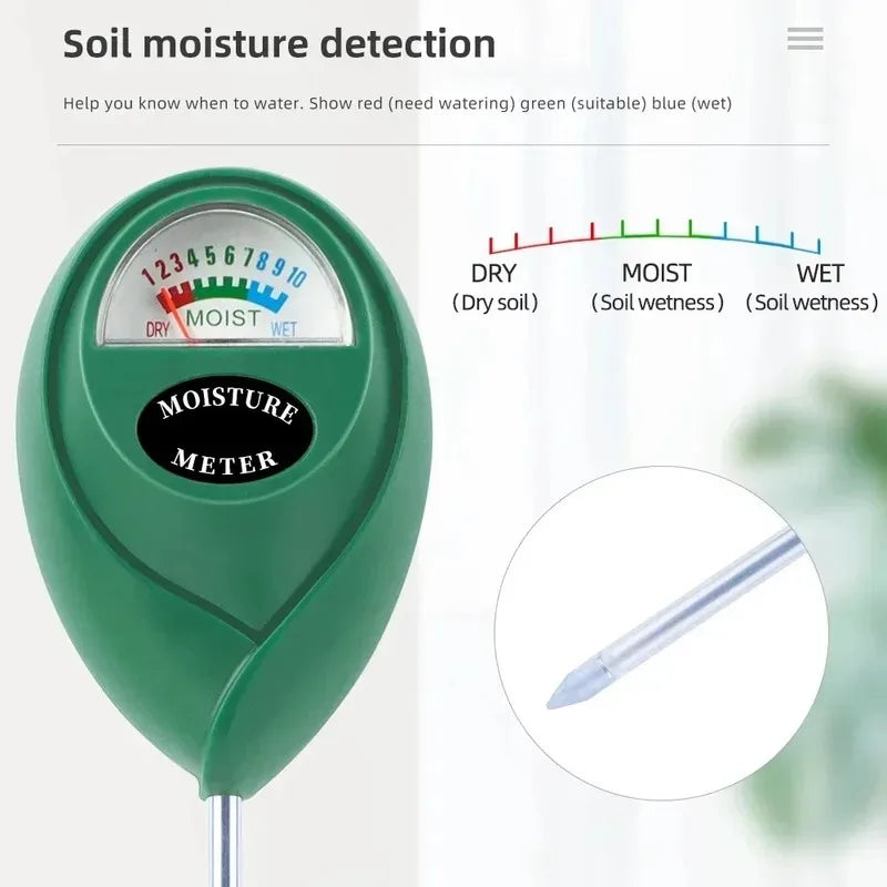 A green soil moisture meter with a scale showing dry, moist, and wet levels, next to a dropper for testing.