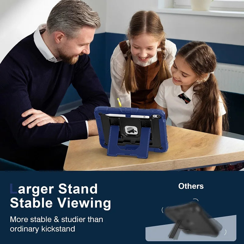 A man and two girls are using a blue stand for an iPad with a built-in case and pencil holder on a wooden table.