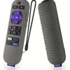 A gray silicone remote cover for a Roku device shown next to the detached cover.