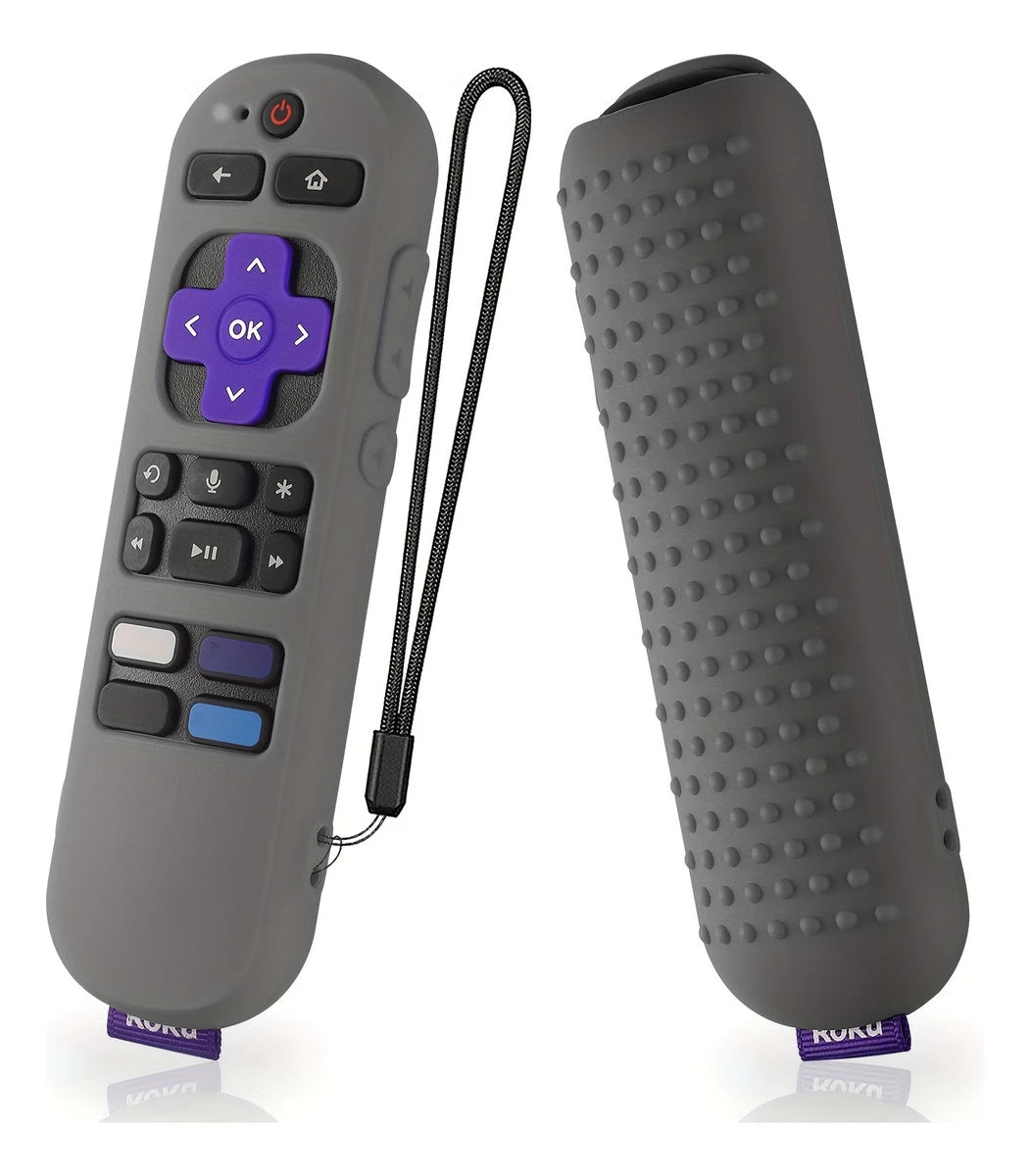 A gray silicone remote cover for a Roku device shown next to the detached cover.