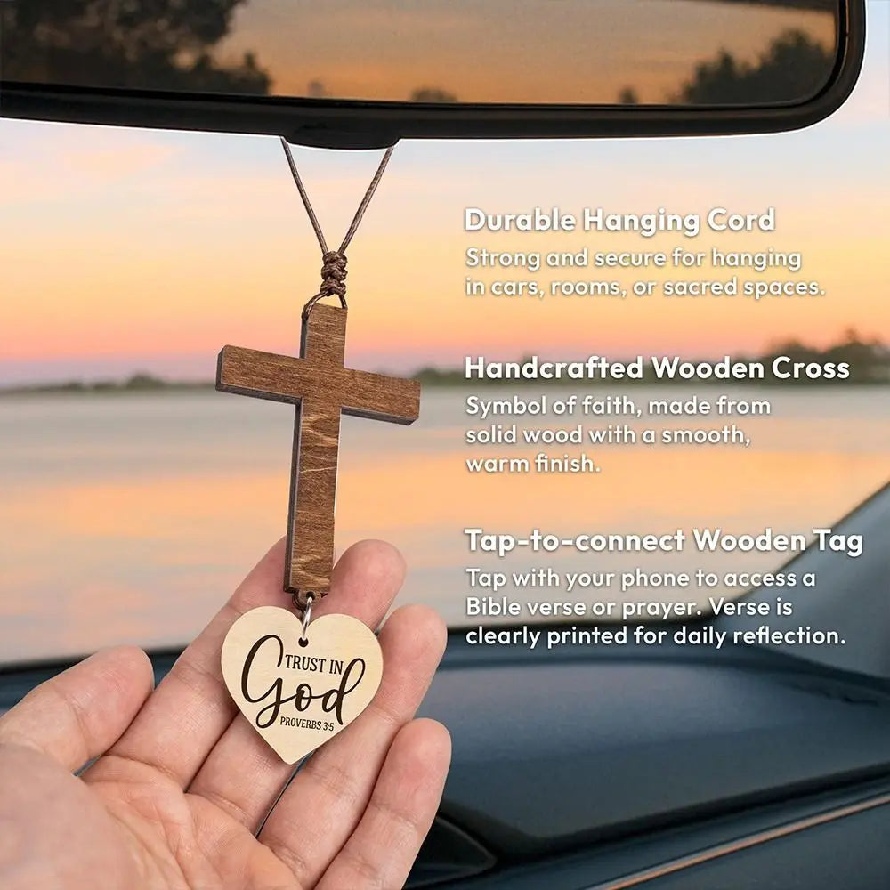 Wood Cross Car Rearview Mirror Pendant with Bible Verse