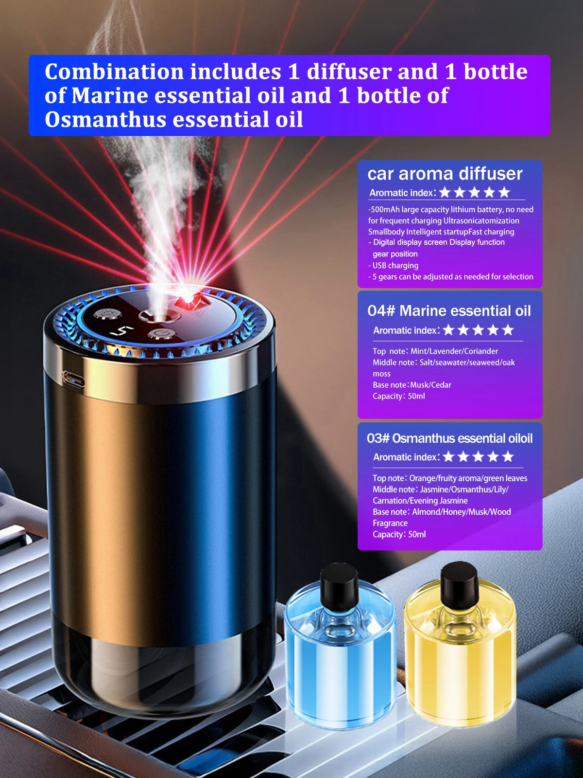 Combinaison d'un diffuseur d'arôme pour voiture et de flacons d'huiles essentielles marines et d'Osmanthus sur un fond sombre