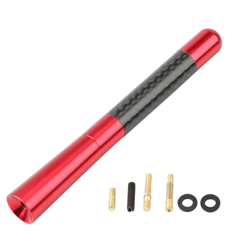 A red and black carbon fiber short radio antenna with mounting hardware.