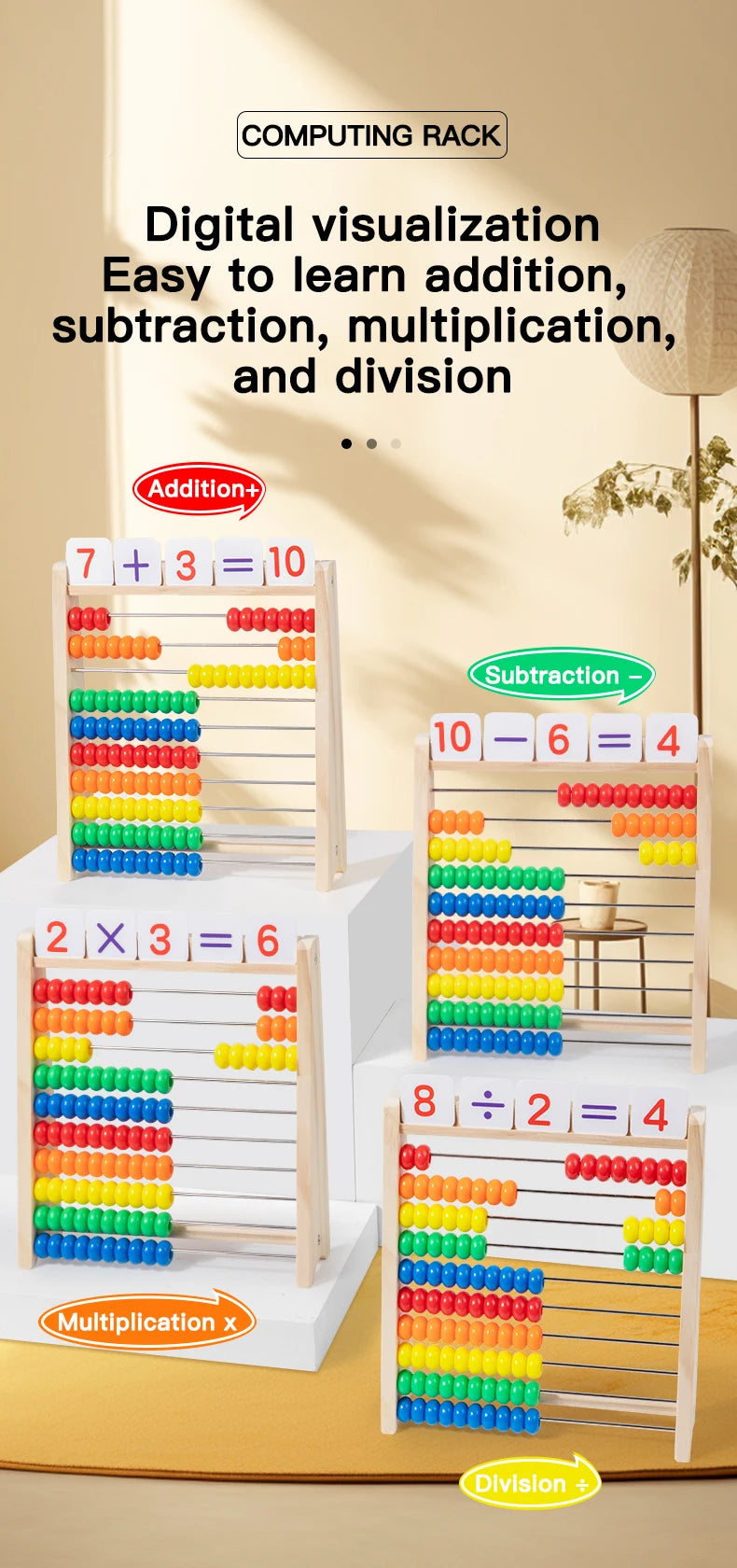 Wooden rainbow counting abacus showing addition, subtraction, multiplication, and division operations.