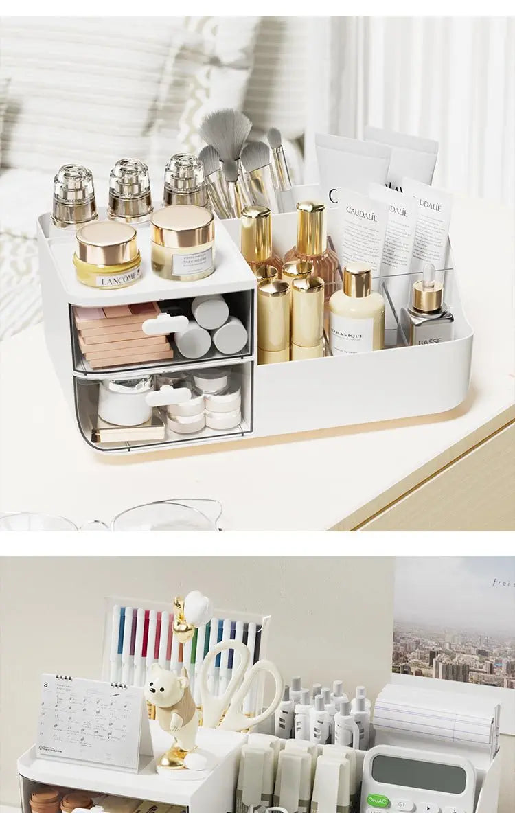 A white desk organizer with transparent drawers holding various perfume bottles and cosmetic items.
