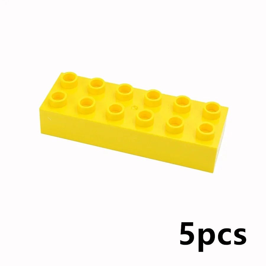 A yellow plastic building block set with five rows of round yellow blocks.