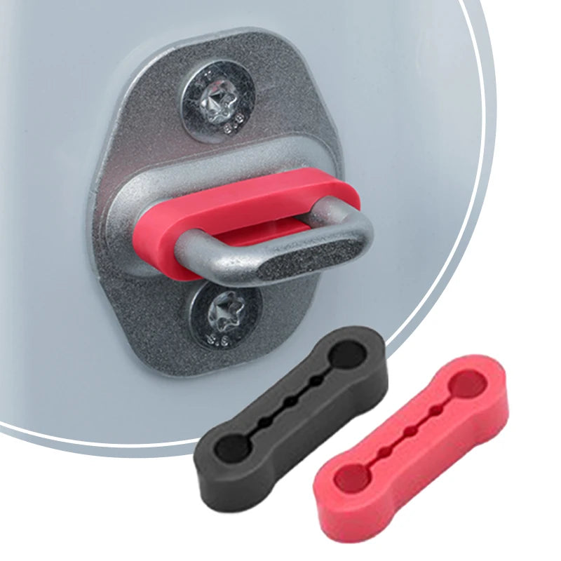 A close-up view of a universal silicone car door shock-absorbing pad in gray and red colors.