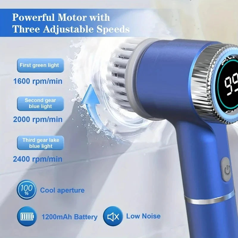 Blue cordless electric spin scrubber motor with three adjustable speed settings and a 1200mAh battery