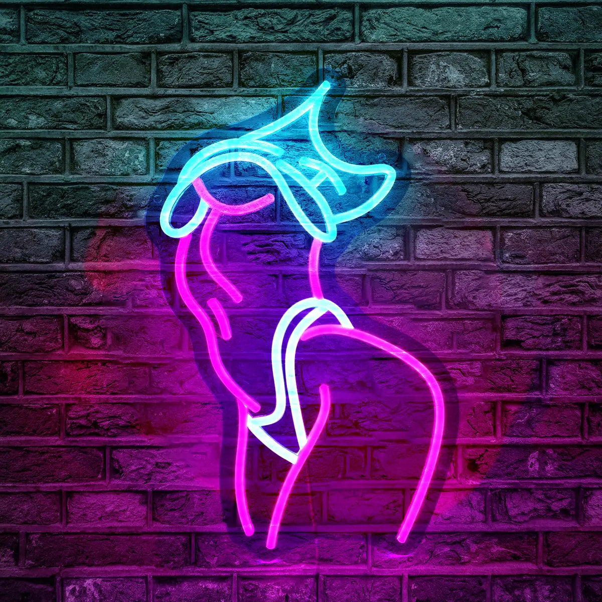 A neon silhouette of a person in pink and blue outlines against a dark brick wall.