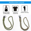 A green paracord lanyard with a zinc alloy clip shown next to usage examples.