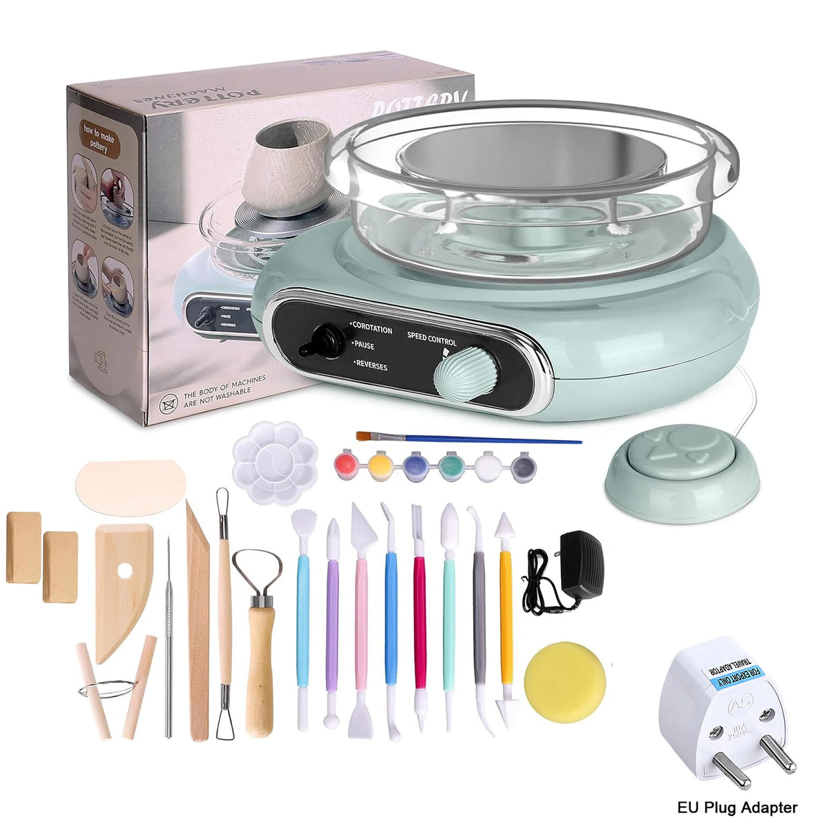 A box and various tools for a mini pottery wheel kit including the wheel, tools, and an EU plug adapter.