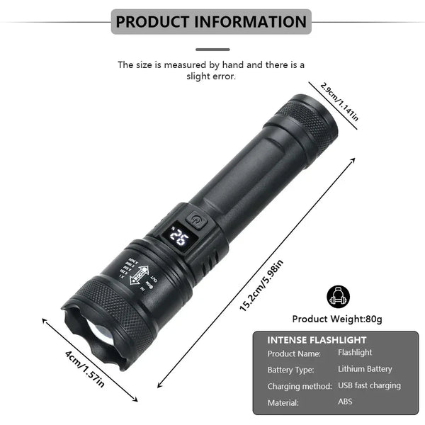 A black rechargeable LED flashlight with a zoom lens shown in profile view.