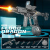 A detailed image of the Flood Dragon electric water gun with a realistic muzzle flame effect and various accessories.