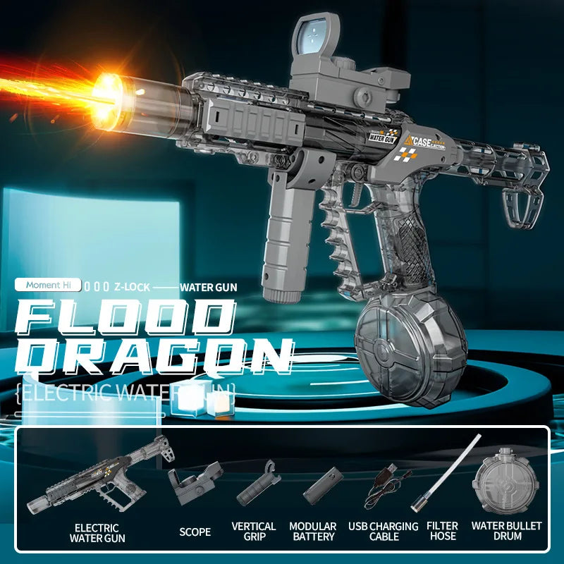 A detailed image of the Flood Dragon electric water gun with a realistic muzzle flame effect and various accessories.