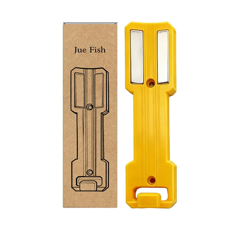 A yellow magnetic wall-mounted organizer for spray cans, shown next to its cardboard packaging.