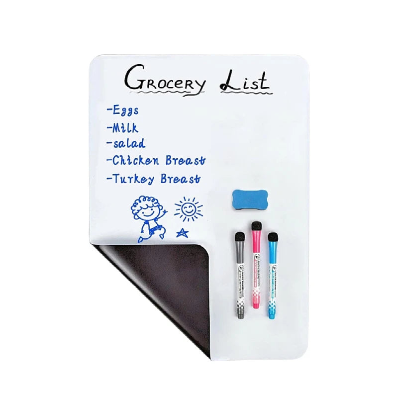 A white magnetic dry erase board with a grocery list written on it, featuring various food items.