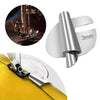 A silver rolled hemmer presser foot is shown alongside a close-up of a yellow fabric and an inset showing the tool's mechanis