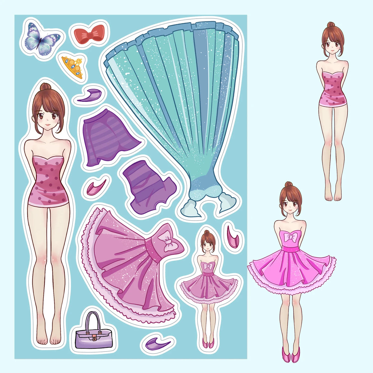 A collection of princess costume puzzle stickers featuring pink and purple dresses, bows, and accessories.