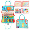 A colorful Montessori busy board for toddlers featuring various sensory learning activities and puzzles.