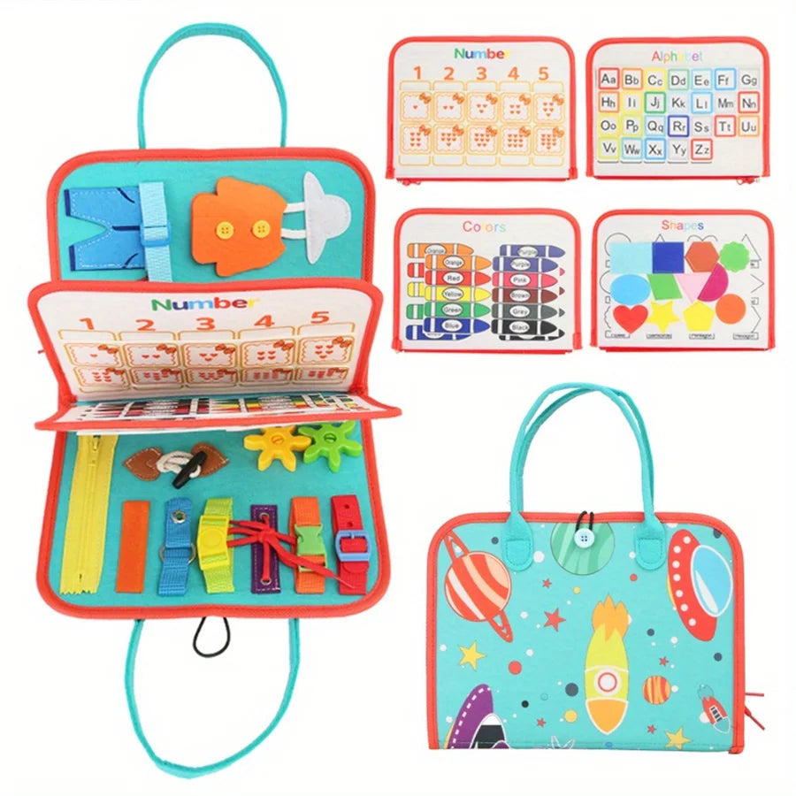 A colorful Montessori busy board for toddlers featuring various sensory learning activities and puzzles.