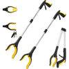 A set of black and yellow foldable reacher grabber tools with long handles and hooks.