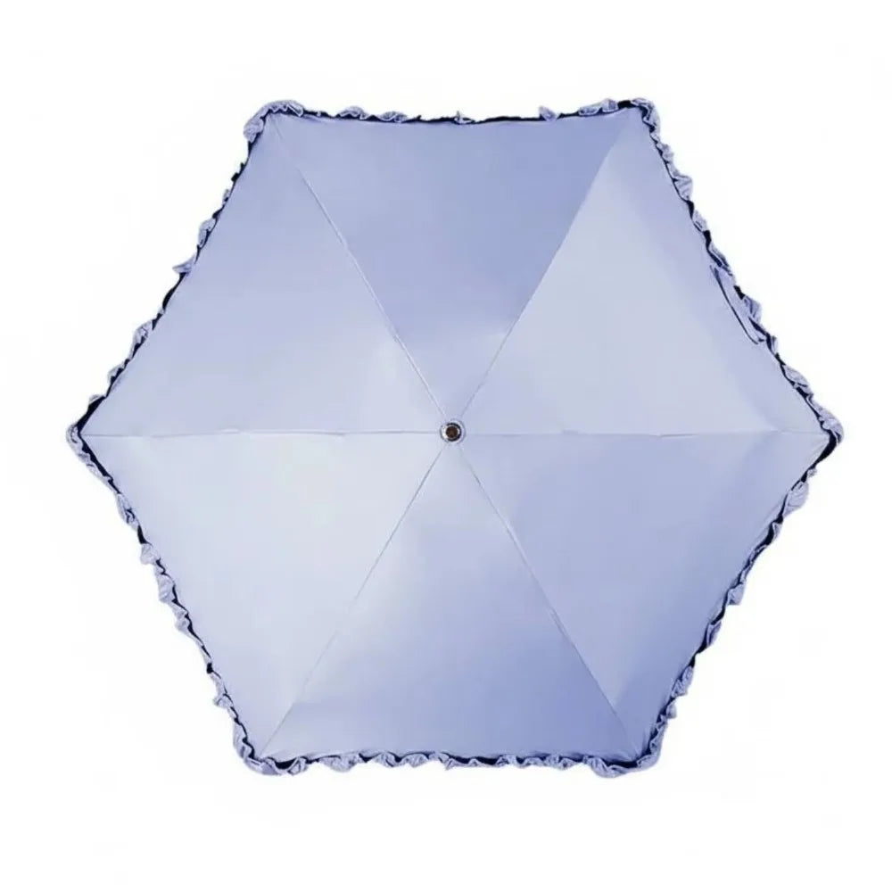 A light blue five-fold lace umbrella with a geometric, faceted canopy.