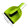 A bright lime green compact handheld dustpan and brush set with measurements shown.