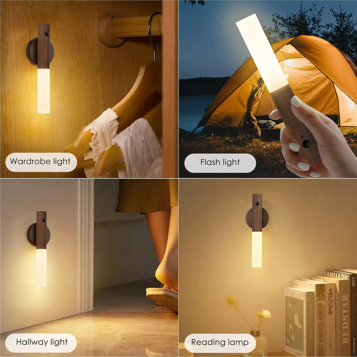 A collection of magnetic LED wall lights including a wardrobe light, flash light, hallway light, and reading lamp.