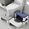 A white toilet squat stool with a blue seat and a black seat, shown next to a modern toilet.