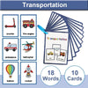 Montessori flash cards showing various transportation items like a scooter, fire engine, ambulance, helicopter, balloon, and 