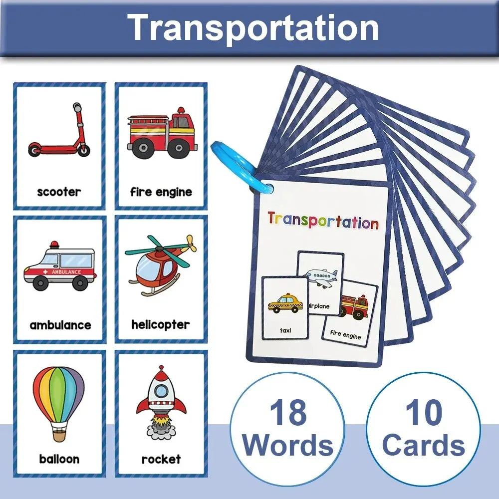 Montessori flash cards showing various transportation items like a scooter, fire engine, ambulance, helicopter, balloon, and 