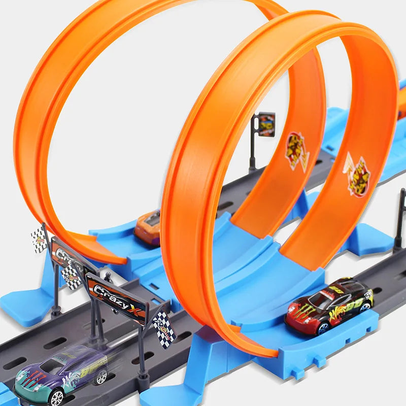 Orange and blue DIY stunt racing car track set featuring a loop and dual-lane races