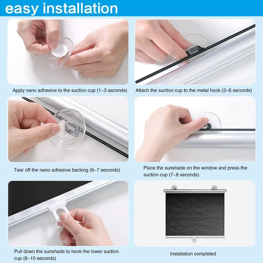 Step-by-step guide showing the easy installation of a cordless retractable roller shade using a suction cup and hook.