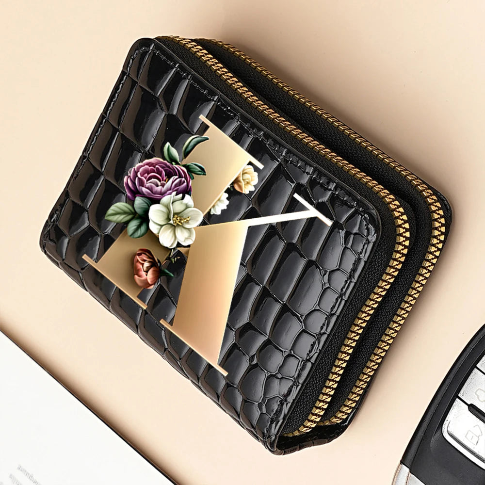 Alphabet Flower Double-Zip Card Wallet with Secure Clasp